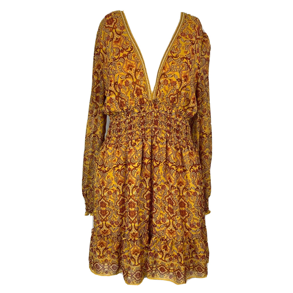 Max Studio Dress Womens Sz XS Yellow‎ Floral Smocked Long Sleeve A Line Boho